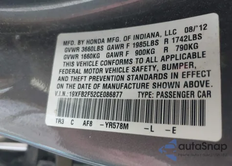 2012 Honda Civic Lx z USA, uszkodzony, nr VIN 19XFB2F52CE086877